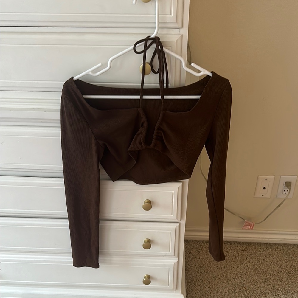 Long Sleeve Brown Women's Crop Top- Tie around neck